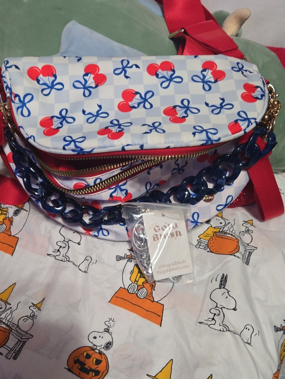 Cherry-Print Crossbody Bag with Navy Chain & Red Strap/ Bum Bag
